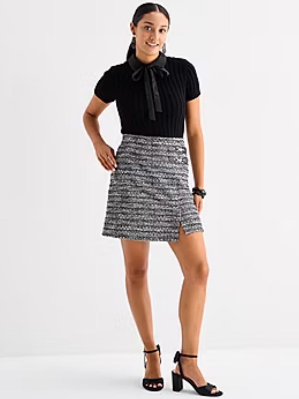 Textured Black and White Tweed Skirt